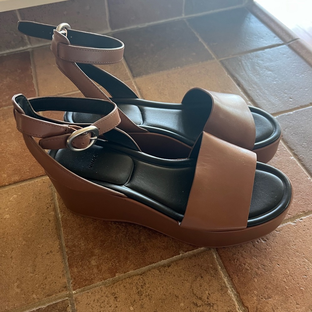Vince Brown Leather Wedge Sandals